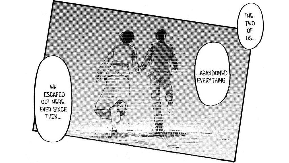 chapter is also where eren’s intent to rumble the world is confirmed. and ofc, that moment between EM in 123 is directly referenced in 138, the climax of the series, where eren shows mikasa a vision of what could’ve happened if she told him her true feelings. in this vision, +