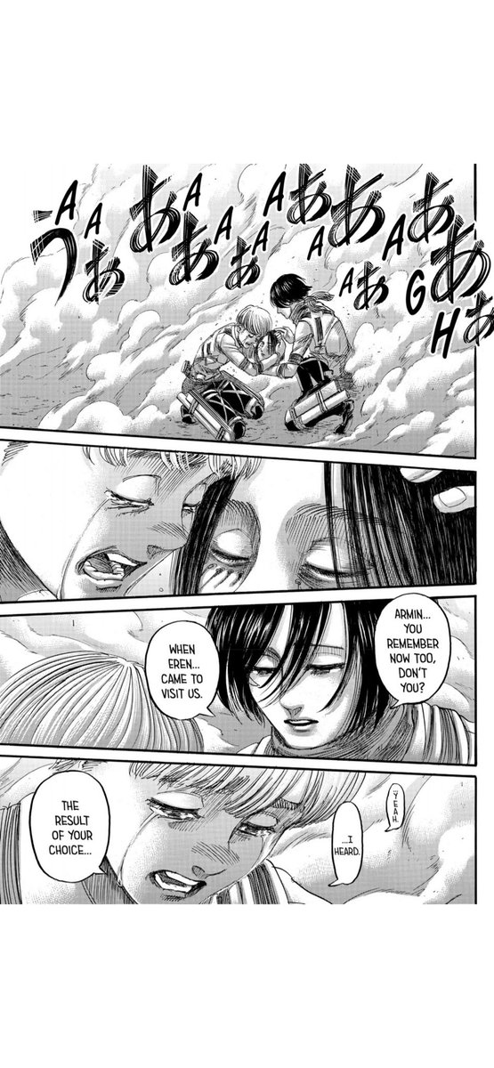 this is where the story begins to come to a full circle, as we finally learn the context of eren’s dream from the first chapter. the vision eren shows mikasa causes a shift in her, and leads her to make the choice that breaks ymir’s curse and sets eldians free