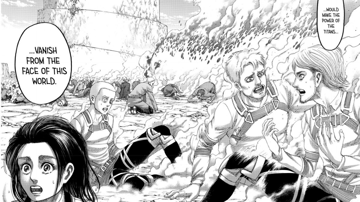 this is where the story begins to come to a full circle, as we finally learn the context of eren’s dream from the first chapter. the vision eren shows mikasa causes a shift in her, and leads her to make the choice that breaks ymir’s curse and sets eldians free
