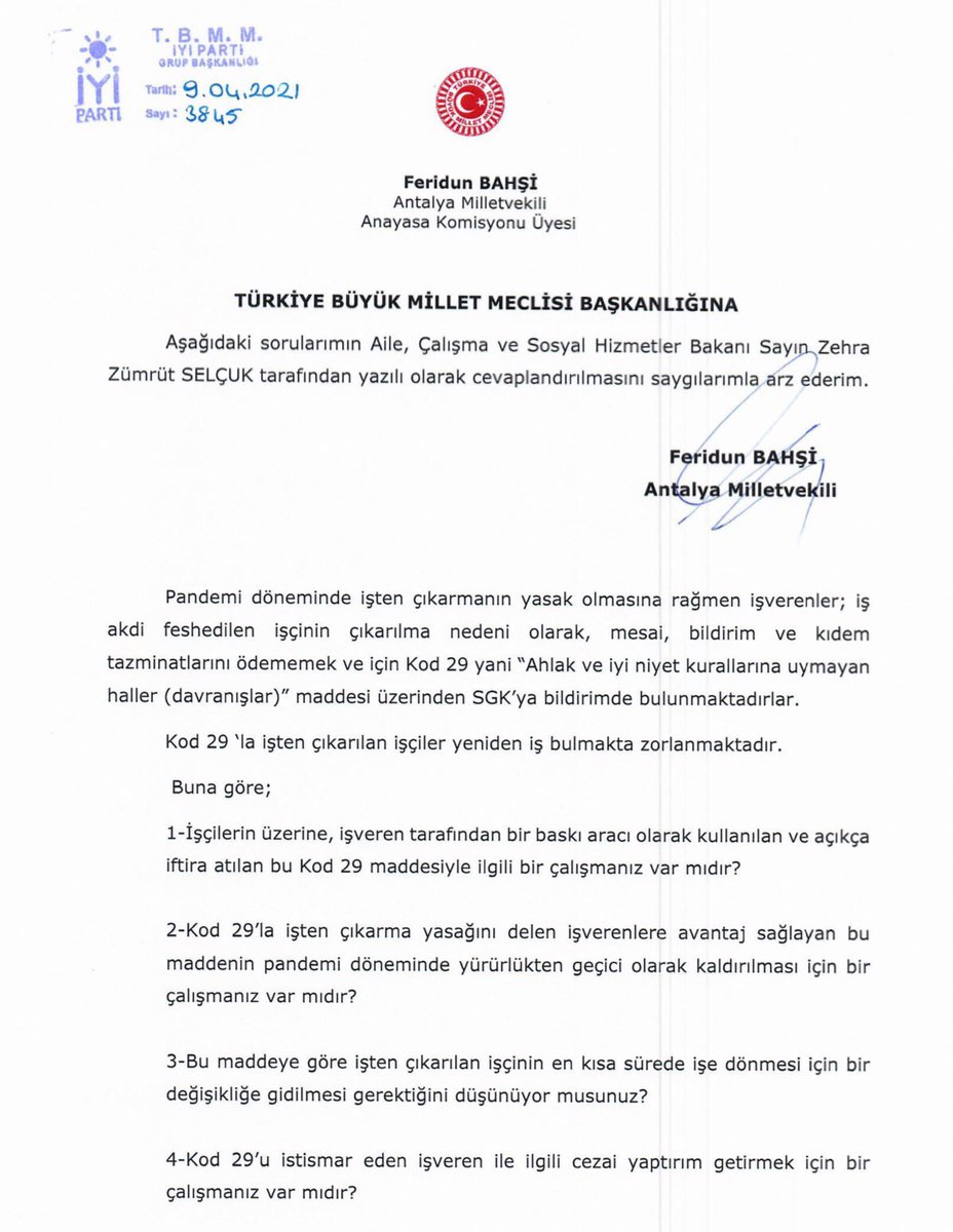 Feridun_Bahsi's tweet photo. İşten çıkarma yasağı olmasına rağmen bazı işverenler, İş Kanununun 25. Maddesini istismar ederek #Kod29 ile birçok işçinin işine son vermiştir. Mağdur olan işçiler en kısa sürede işlerine geri döndürülmelidir.#Kod29Kaldırılsın @meral_aksener @iyiparti @ZehraZumrutS https://t.co/wsNvLCCRpg