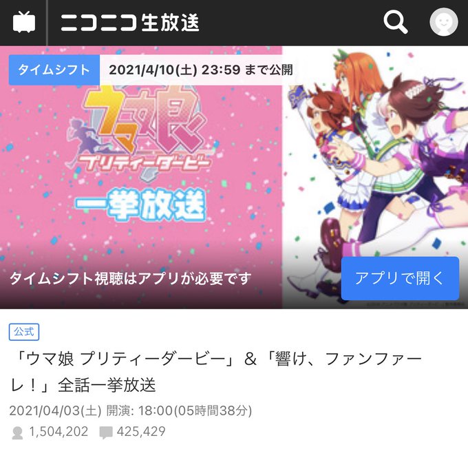 ニコ生のアニメ一挙の歴代来場数1位は17年9月16日放送 アイドルマスター アニメシリーズ 計50話 劇場版1本 の 1 472 949人ですが 21年4月3日放送 ウマ娘 プリティーダービー 響け ファンファーレ 一挙放送 の1 415 268人は歴代2位の来場数と