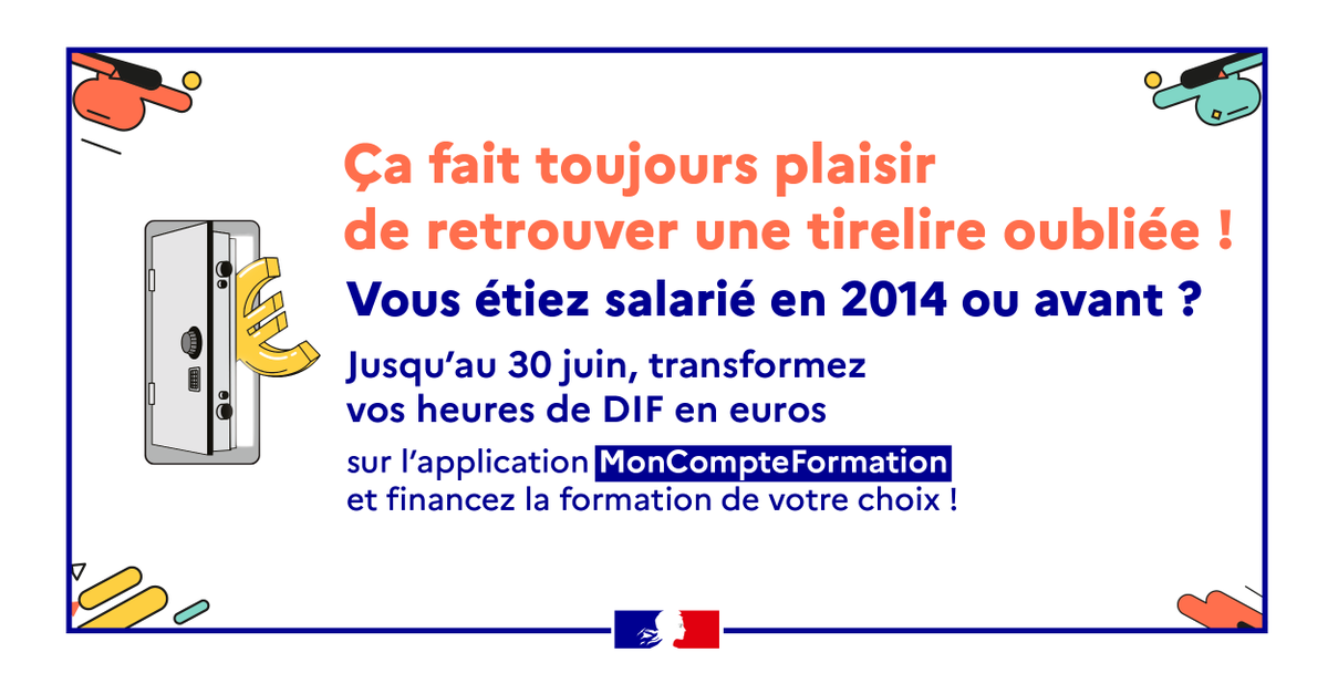 ⭕️ Pensez à transférer vos heures de DIF sur votre compte #CPF. Vos droits cumulés au titre du #DIF ne seront bientôt plus accessibles (30 juin 2021).

✅ Comment transférer ses euros ? Les réponses sur Mon Compte Formation => buff.ly/2RepduX v/ <a href="/Travail_Gouv/">Ministère du Travail</a>