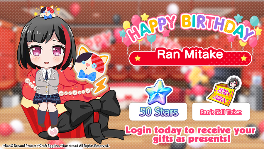 bangdreamgbp_EN's tweet photo. Happy birthday to our dear Vocalist from Afterglow, Ran! 🎊🎁🎂

Log into the game today to receive 50★ as a gift and Character Skill Ticket! https://t.co/10I2XKeo8U