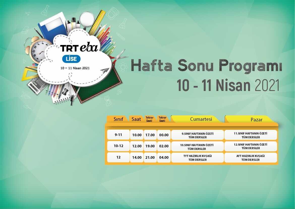 TRT EBA kanallarında 10-11 Nisan hafta sonu programı. 

Herkese keyifli bir hafta sonu diliyoruz.📺