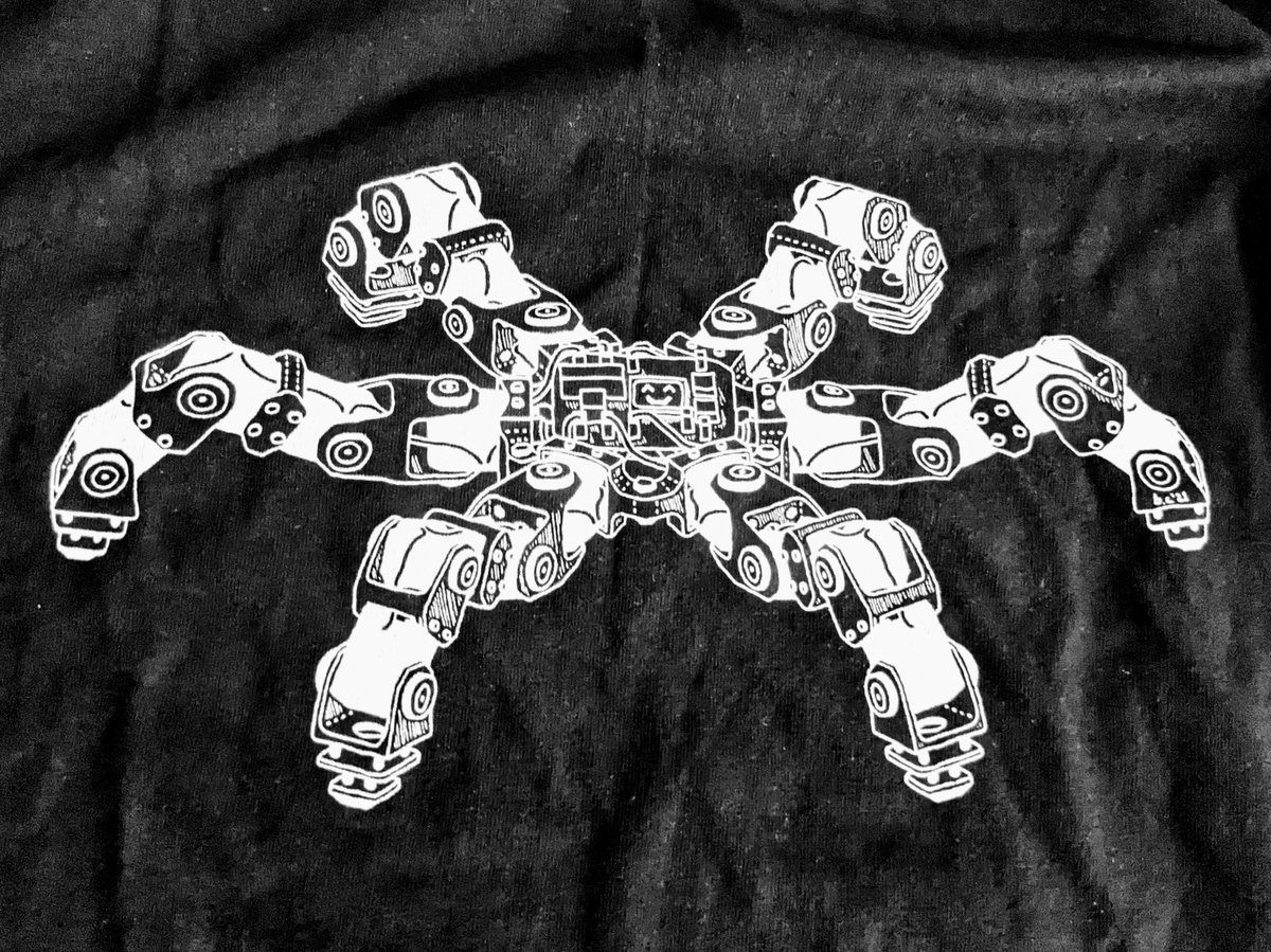 bryce_cronin's tweet photo. Some illustrations based on previous hexapod projects, printed on shirts and stickers as a nice reminder :) https://t.co/apqZLLjsoj