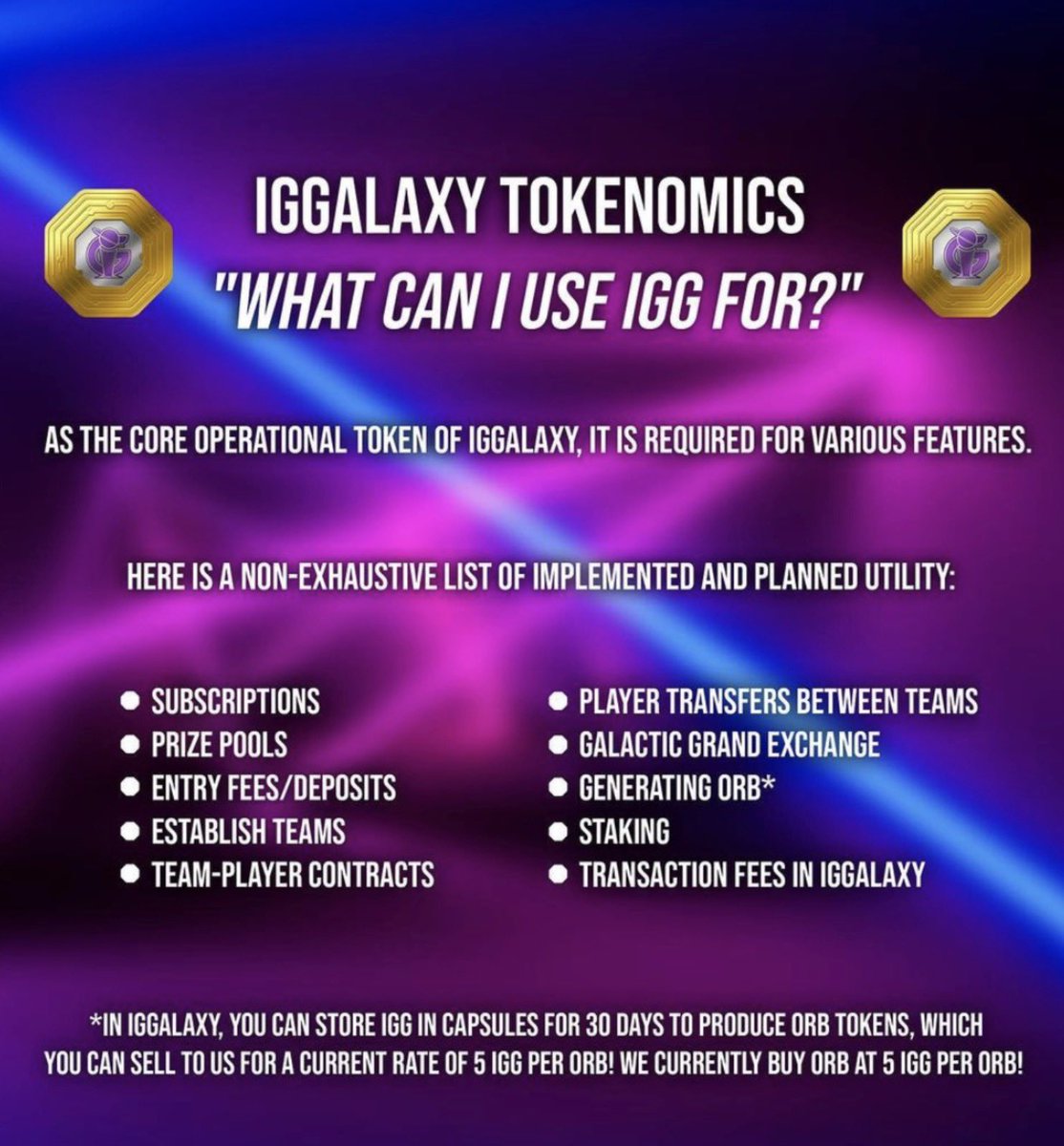 𝗜𝗚 𝗚𝗼𝗹𝗱, 𝗜𝗚𝗚 𝗧𝗼𝗸𝗲𝗻 IGG is the operational token required across IGGalaxy, used to drive value exchange between market participants to form a token economy for content, social competitive gaming and esports