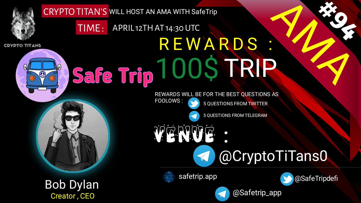 SafeTripdefi's tweet photo. 🤍AMA Series with Safe Trip

🎁Prize: 100$ IN $TRIP
📆Date: April 12 , 2021 14:30 UTC

Rules: 
https://t.co/7B3Mezdtf4

 Follow 
@CryptoTitans1 
  &amp; 
@SafeTripdefi 

2. Like Retweet &amp; Comment Your Questions (3 Questions Max) Tag 3 friends. https://t.co/Lu380KYuRx https://t.co/C6ZxOFcHIi