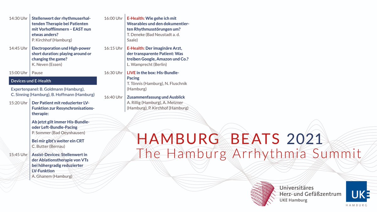 HamburgBeats (@hamburgbeats) on Twitter photo Check out our program here: t1p.de/beats
#livecases, #procontra sessions, congress news from
<a href="/DGK_org/">Deutsche Gesellschaft für Kardiologie</a>, <a href="/escardio/">European Society of Cardiology</a>'s #EHRA2021 and <a href="/HRSonline/">Heart Rhythm Society</a>, and much more!
Register today at hamburg-beats.de ! Check out our program here: t1p.de/beats
#livecases, #procontra sessions, congress news from
<a href="/DGK_org/">Deutsche Gesellschaft für Kardiologie</a>, <a href="/escardio/">European Society of Cardiology</a>'s #EHRA2021 and <a href="/HRSonline/">Heart Rhythm Society</a>, and much more!
Register today at hamburg-beats.de !