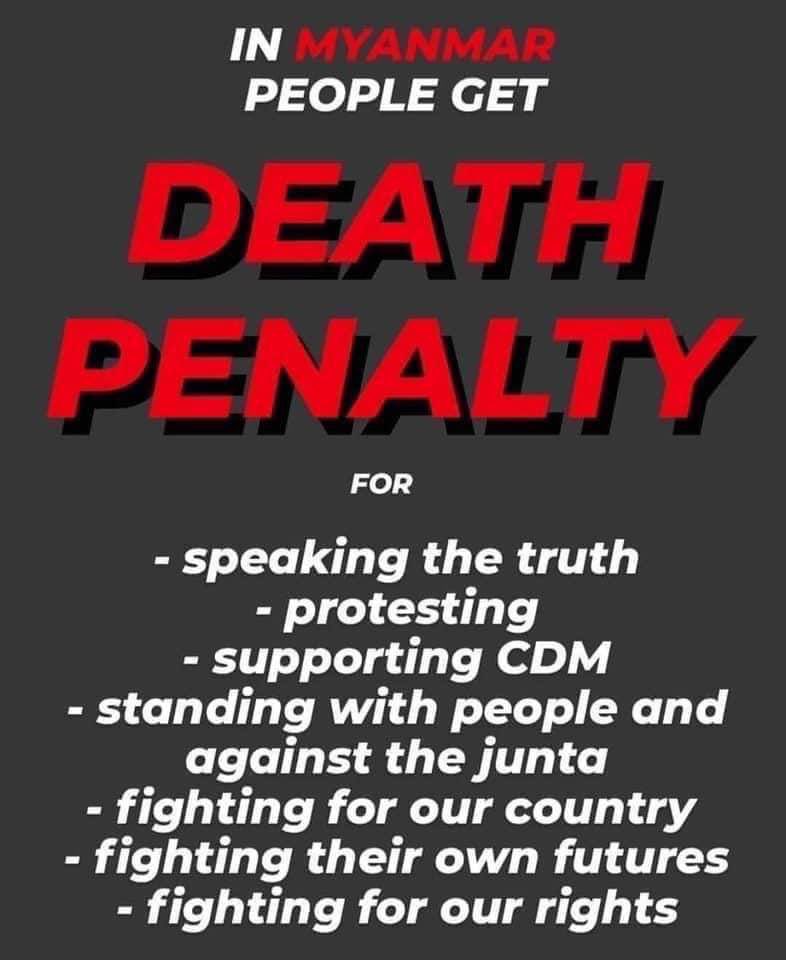 AyeAyesann's tweet photo. The military terrorists sentenced death penalty to the protesters just because they demanded freedom and justice This is totally unacceptable! We need to make a voice for this injustice!
#CondemnDeathPenalty
#WhatsHappeningInMyanmar https://t.co/EOTTjvfkcg