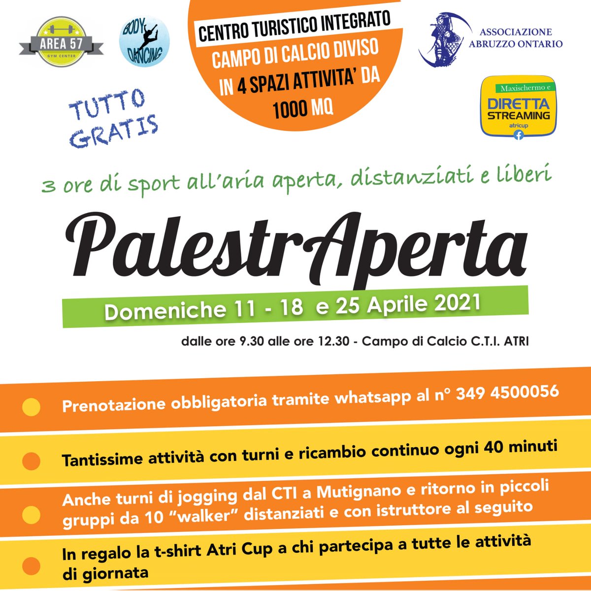 atri_cup's tweet photo. Vuoi passare 3 ore di sport all’aria aperta, distanziati e liberi? #PalestrAperta vi aspetta domani ad #Atri per tre domeniche (11, 18 e 25 aprile 2021). Tante attività sportive per tutte le età in totale sicurezza, che si susseguiranno nel corso della mattinata. #palestre https://t.co/TnNcEIfcg0