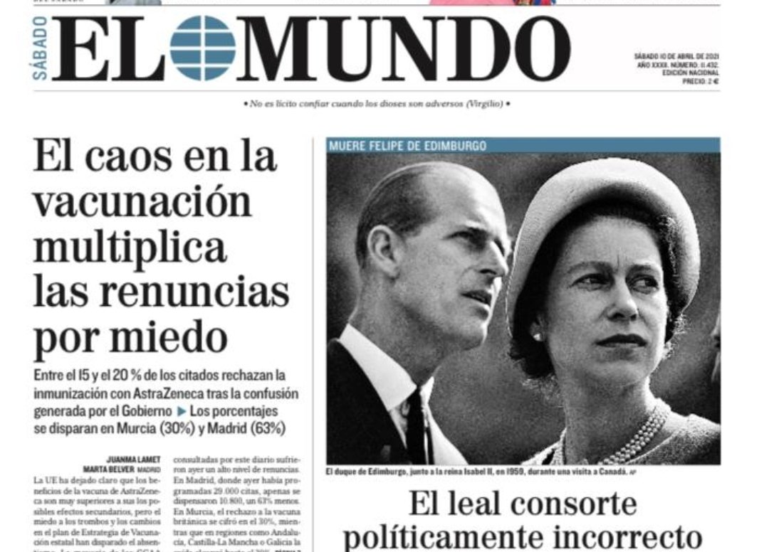 A la izquierda, titular de El Mundo de hace dos días. Si los indicios apuntaban a que no había relación causa efecto, no había noticia.

A la derecha, portada de El Mundo de hoy, tras lograrse en España el record de un millón de vacunas puestas en dos días.