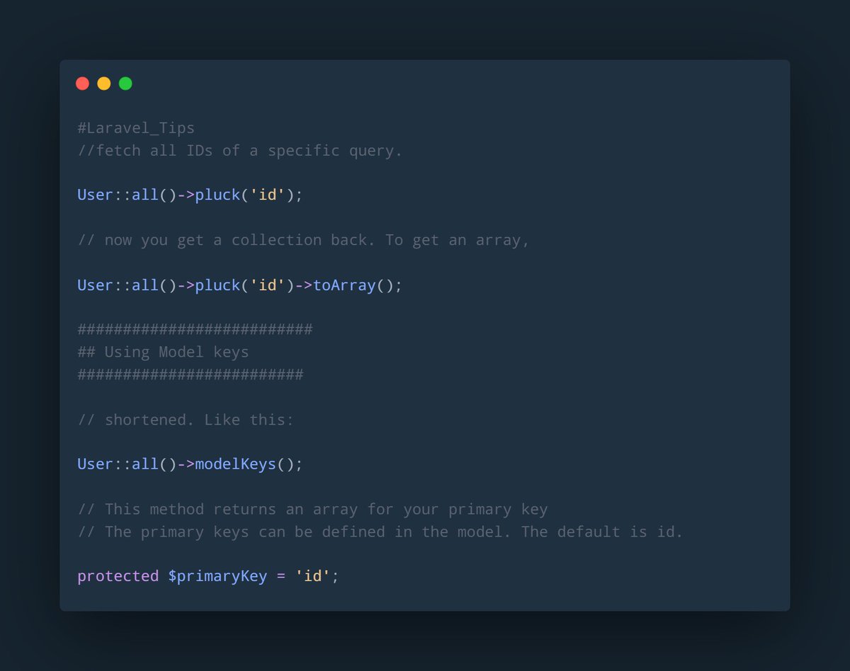 baselrabia9's tweet image. #laravel_tips
make it short with a tip 
use modelkeys function 
#laravel_tip #laravel #php #phplaravel #code #laravelphp