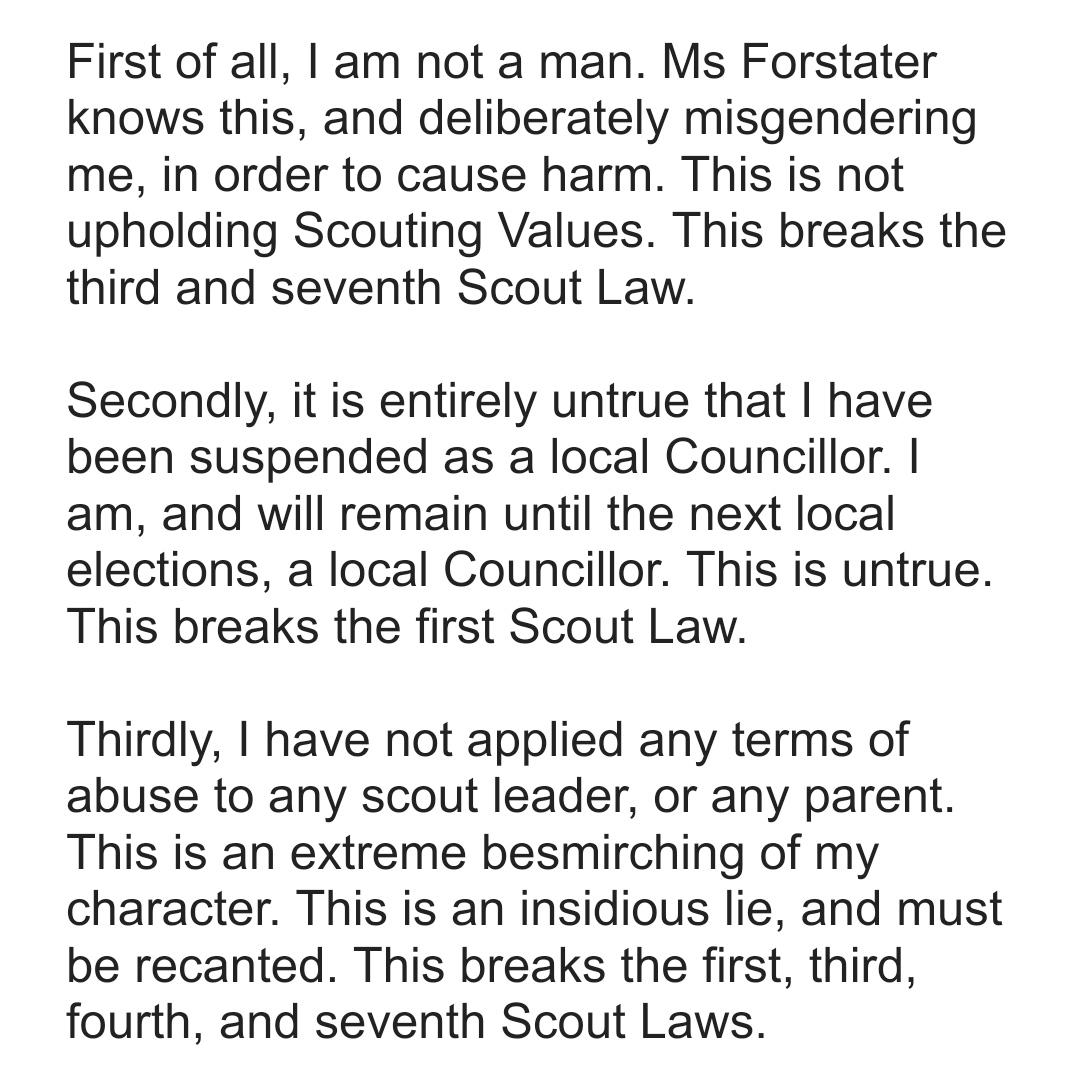 GM also claimed not to be a man and not to have been suspended as a local councillor and never to have applied any terms of abuse to Scout Leaders