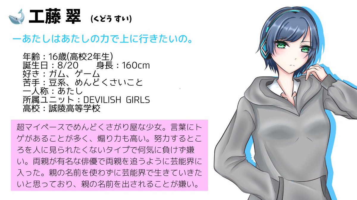 Stellar Festival Of Virtual World 2次募集キャラクター Devilish Girls 工藤 翠 くどう すい 画像 1枚目 キャラシート 2枚目 仮想世界立ち絵 3枚目 声のイメージ 詳しくしたもの