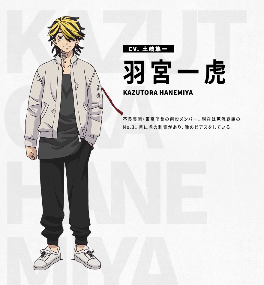 Tvアニメ 東京リベンジャーズ 公式 放送中 En Twitter キャラクター紹介 羽宮 一虎 Cv 土岐隼一 不良集団 東京卍會の創設メンバー 現在は芭流覇羅のno 3 首に虎の刺青があり 鈴のピアスをしている T Co Ic16lf9ezp Toman Anime 東リベ