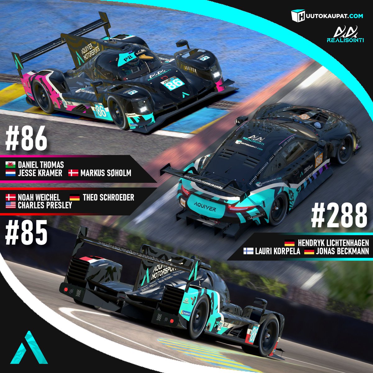 AquiverSport's tweet photo. RACE DAY!🎉

Today it’s time for the ISRC 24 Hours of Le Mans! Watch live via LINK IN BIO!👏

LMP2:
🟣 - @MarkusSoholm Daniel Thomas Jesse Kramer
🔴 - @Trumpetmaster20 @noahweichel Theo Schroeder
GTE:
🔵 - @Hendryk551 @jozckt @lakulammas 

Good luck for all cars in the race!🚀🎉 https://t.co/hr965R0e17