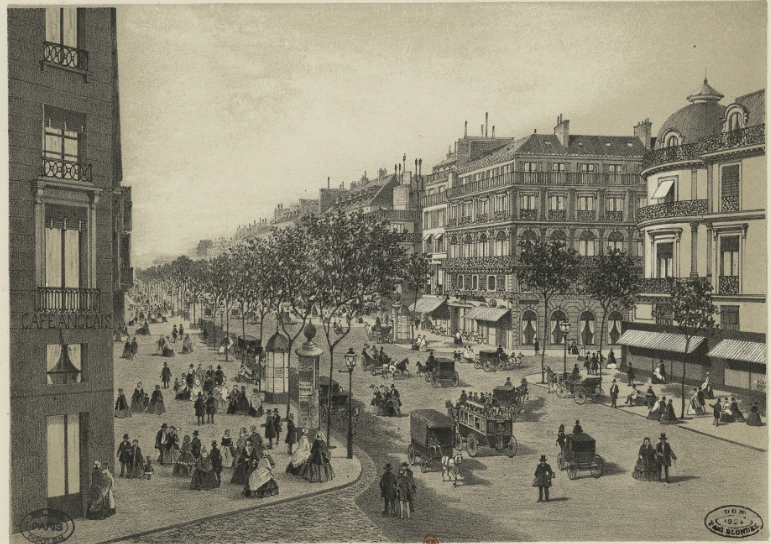 Manet painted the work now known as "Chez Tortoni" around 1875-78, when he was in his 40s."Chez Tortoni" refers to the setting being at Café Tortoni, a popular café on the leafy Boulevard des Italiens, near the Paris Opera House (that's it under the awning on the corner.)