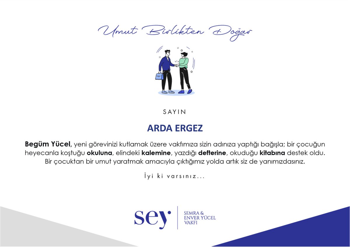 Her öğrencinin eğitim hakkı için var gücü ile çalışan bir ailenin üyesi olmaktan gurur duyuyorum.  🙏🏻🙏🏻 Sn <a href="/bbegumyucel/">Begüm Yücel</a> anlamlı ve zarif tebriğiniz için çok teşekkür ederim. Umut birlikten doğacak. <a href="/seyvakfi/">Semra & Enver Yücel Vakfı</a>
