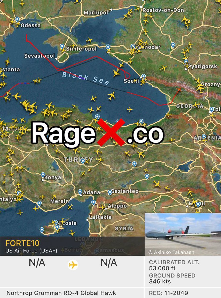 The US Air Force RQ-4A Global Hawk high-altitude reconnaissance drone from the Sigonella airbase in Italy has been operating along Crimea coast, is now over Georgia  heading towards the boarders with Russia   #Russia #Ukraine  #Donbass  #Crimea  @theragex