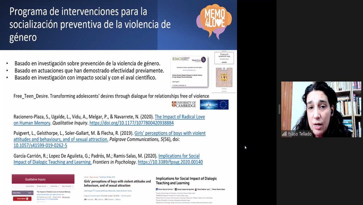 La Dra. Itxaso Tellado presenta las intervenciones del proyecto en personas jóvenes a las que se les hizo llegar las evidencias científicas para contribuir a rompes el discurso coercitivo