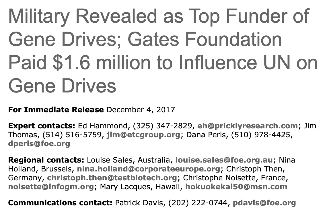 84/100: Rather incidental: "Over 1,2k emails released [...] reveal - the U.S. military is now the top funder [...] behind a controversial genetic extinction tech known as “gene drives”, $1.6 million UN gene drive lobbying op paid for by  @gatesfoundation.  https://bit.ly/3fvNyGS 