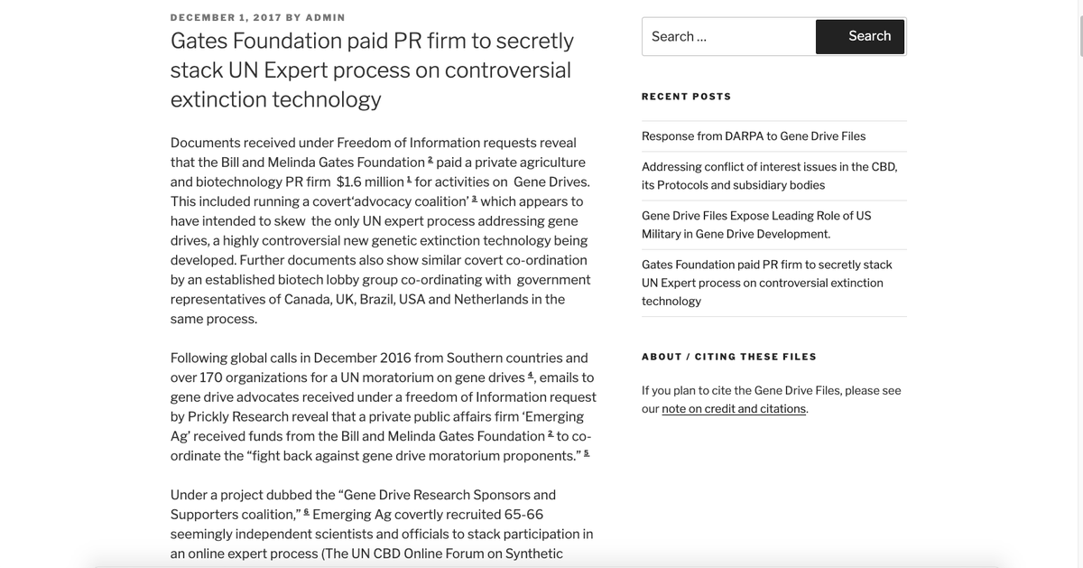 84/100: Rather incidental: "Over 1,2k emails released [...] reveal - the U.S. military is now the top funder [...] behind a controversial genetic extinction tech known as “gene drives”, $1.6 million UN gene drive lobbying op paid for by  @gatesfoundation.  https://bit.ly/3fvNyGS 