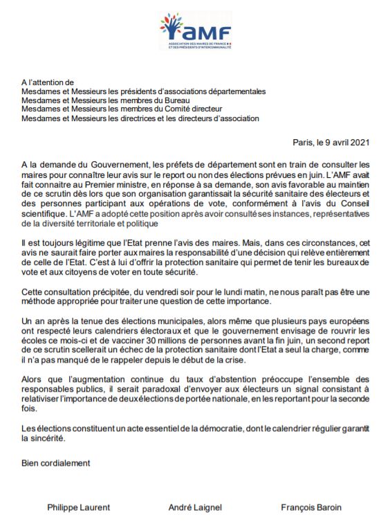 Courrier de l'AMF sur la consultation des #maires par le gouvernement relatif au report des #élections prévues en juin #Collterr amf.asso.fr/documents-lett…