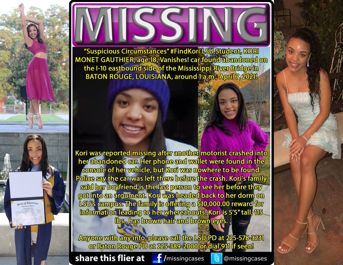 MissingCases's tweet image. RT #BringKoriHome #FindKori #KoriGauthier
#MISSING #LSU student Suspicious Circumstances Car Found Abandoned on I-10 eastbound side of #Mississippi River Bridge #BatonRouge #Louisiana 1AM April 7, 2021 #LSUTigers #LSU21 #LSU22 #LSU23 #LSU24 #GeauxTigers m.facebook.com/story.php?stor…