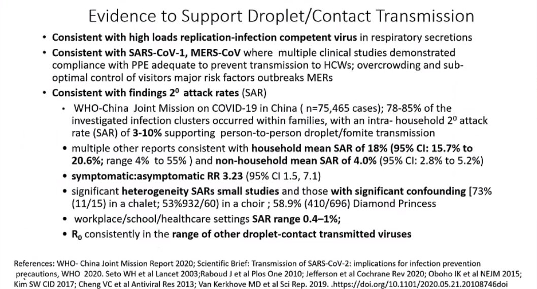 Slide 10 - 35:33 https://www.who.int/publications/i/item/report-of-the-who-china-joint-mission-on-coronavirus-disease-2019-(covid-19) https://www.who.int/publications/i/item/modes-of-transmission-of-virus-causing-covid-19-implications-for-ipc-precaution-recommendations https://www.thelancet.com/journals/lancet/article/PIIS0140-6736(03)13168-6/fulltext https://journals.plos.org/plosone/article?id=10.1371/journal.pone.0010717 https://pubmed.ncbi.nlm.nih.gov/33215698/  https://www.nejm.org/doi/full/10.1056/NEJMoa1408636 https://pubmed.ncbi.nlm.nih.gov/27940937/  https://pubmed.ncbi.nlm.nih.gov/23994190/  https://pubmed.ncbi.nlm.nih.gov/31089148/  (I believe this is Dr. Kerkhove's)