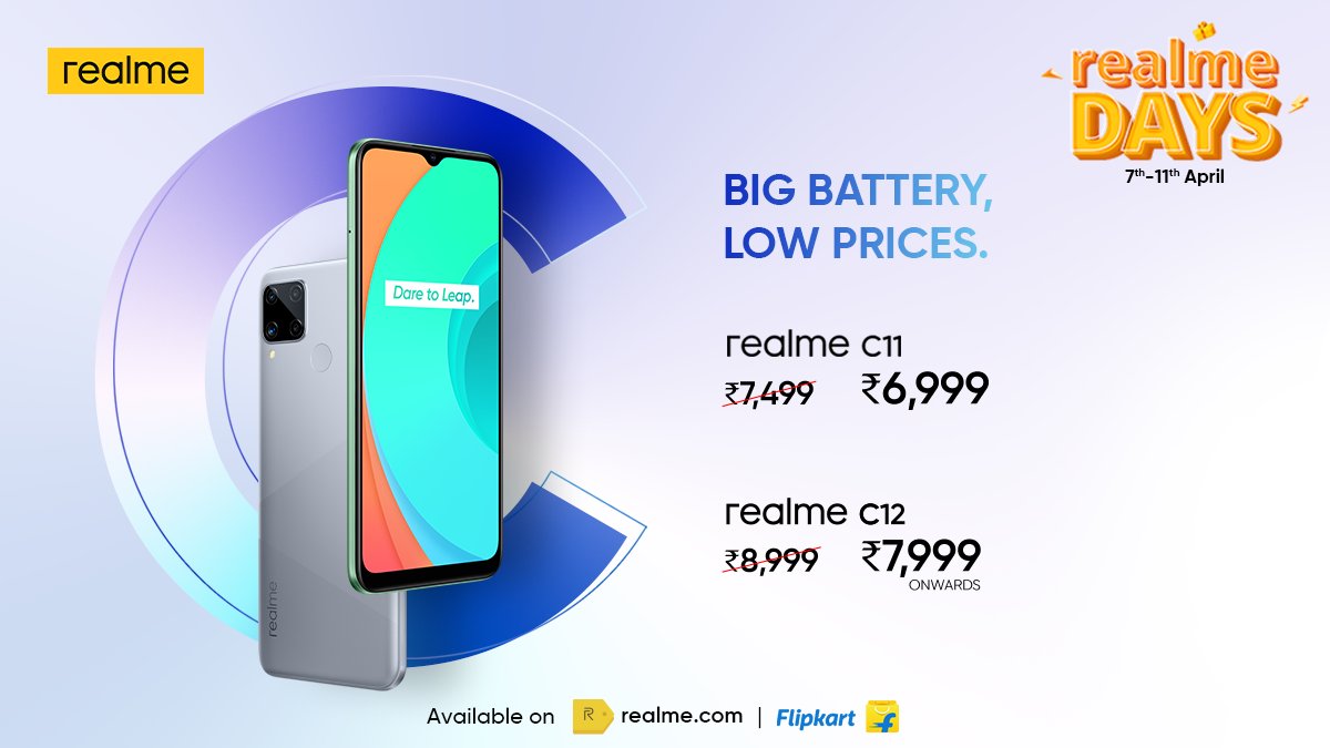 realmeIndia's tweet photo. Big Battery, Big Offers!
Bring home the Entry Level Value Kings, #realmeC11 and #realmeC12 with 5000mAh and 6000mAh Battery respectively at exciting prices* only during the #realmeDays Sale, ending today.
*T&C Apply
Buy now: https://t.co/JWmbBzTWsZ https://t.co/0e0bf888nw