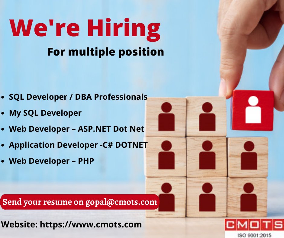 CMOTS Internet Technologies Pvt Ltd (@cmotsinternet) on Twitter photo We're #Hiring for multiple postion
1. SQL Developer / DBA(Vacancy 3)
2. My SQL Developer(Vacancy 3)
3. Web Developer – ASP.NET DotNet(Vacancy 6)
4. Application Developer -C# DotNet(Vacancy 4)
5. Web Developer – PHP(Vacancy 4)
Share your CV on gopal@cmots.com We're #Hiring for multiple postion
1. SQL Developer / DBA(Vacancy 3)
2. My SQL Developer(Vacancy 3)
3. Web Developer – ASP.NET DotNet(Vacancy 6)
4. Application Developer -C# DotNet(Vacancy 4)
5. Web Developer – PHP(Vacancy 4)
Share your CV on gopal@cmots.com