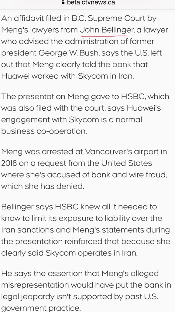 John Bellinger is my favorite:PBush's Council for the NSC, later hired by China's Huawei, and provided testimony against the US DOJ during Huawei Princess Meng Wanzhou's extradition trial in Canada.Bellinger has been against Americans suing China for Wuhan virus reparations.