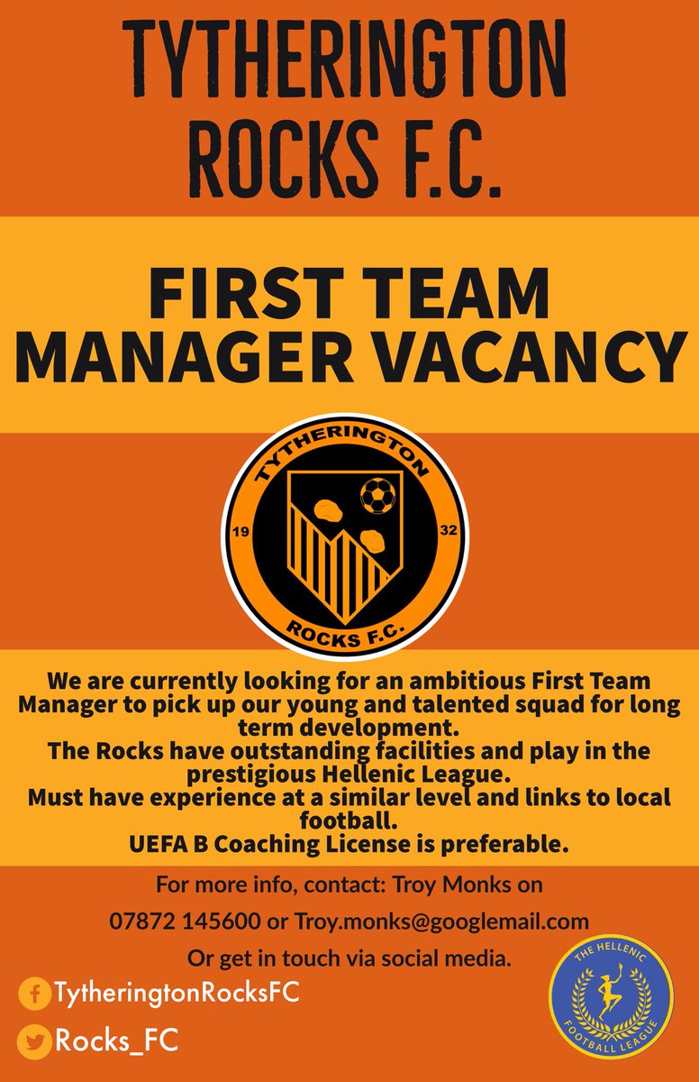 🧡🖤MANAGER VACANCY🖤🧡

We are on the hunt for a new First Team Manager. 
Get in touch if interested...
<a href="/HellenicLeague/">Hellenic League</a> <a href="/swsportsnews/">South West Sports News</a>