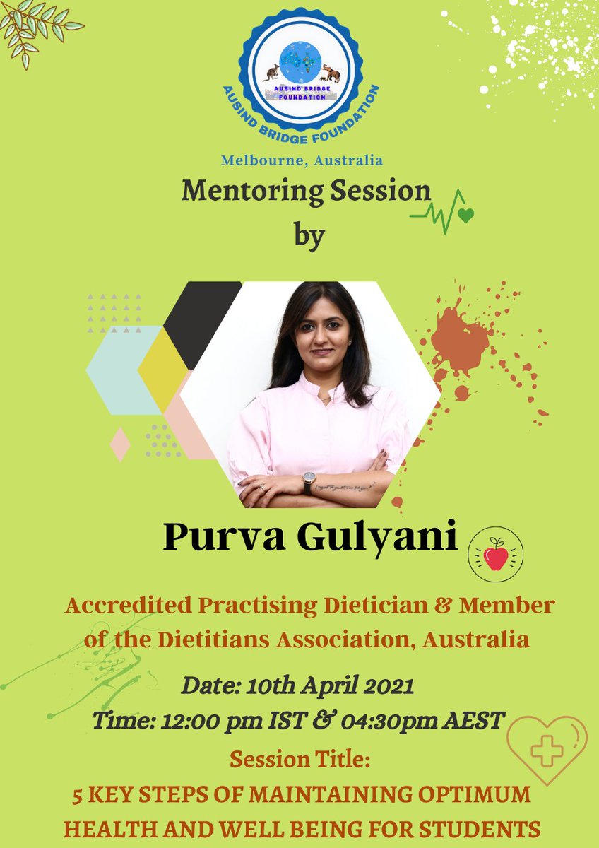 Thank you <a href="/GulyaniPurva/">Purva Gulyani</a> for designing a Mentoring Session on Health &amp; Wellbeing for our interns &amp; team in #AustraliaIndia. Purva is an Accredited Practicing Dietitian and the Founder of Diet Yumm. Visit Diet Yumm dietyumm.com to know more.  <a href="/MrDeepakVinayak/">Deepak Vinayak OAM JP</a> <a href="/AusHCIndia/">Philip Green OAM</a>