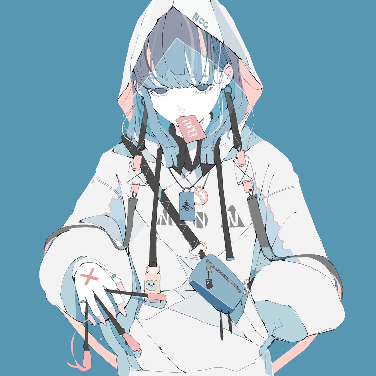 1girl solo hood jewelry blue hair hood up hoodie  illustration images