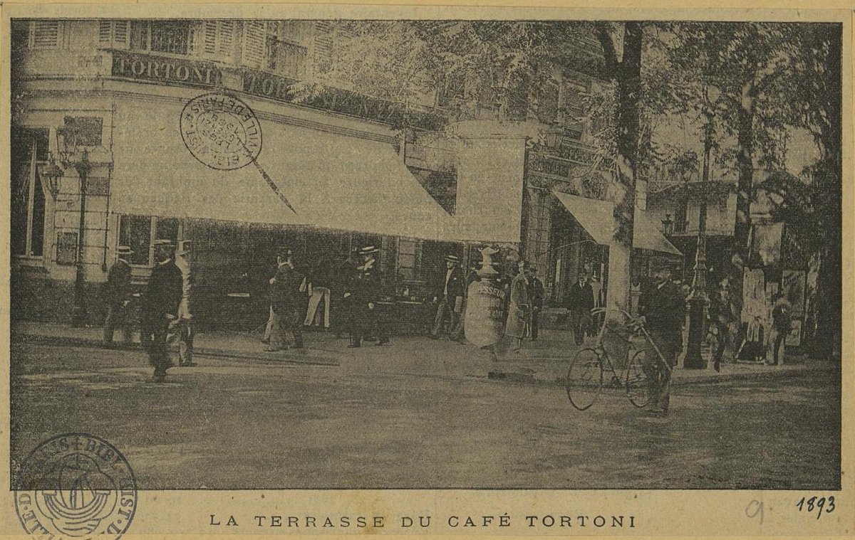 Basically, Café Tortoni was a really famous place in the center of Parisian cultural life, and it shows up in many images throughout the 19th century, from drawings to painting to photographs.