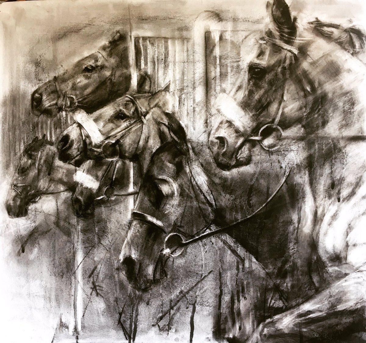 ‘Gates Open’. Charcoal on board. 24” x 24”. <a href="/Beverley_Races/">Beverley Racecourse</a> Thanks to <a href="/sqweezy/">Louise Pollard</a> for reference photos. #britishhorseracing #flatracing #flatjockey #jockey #exhibition #fineart #charcoal #charcoaldrawing #contemporaryartist #Monochrome