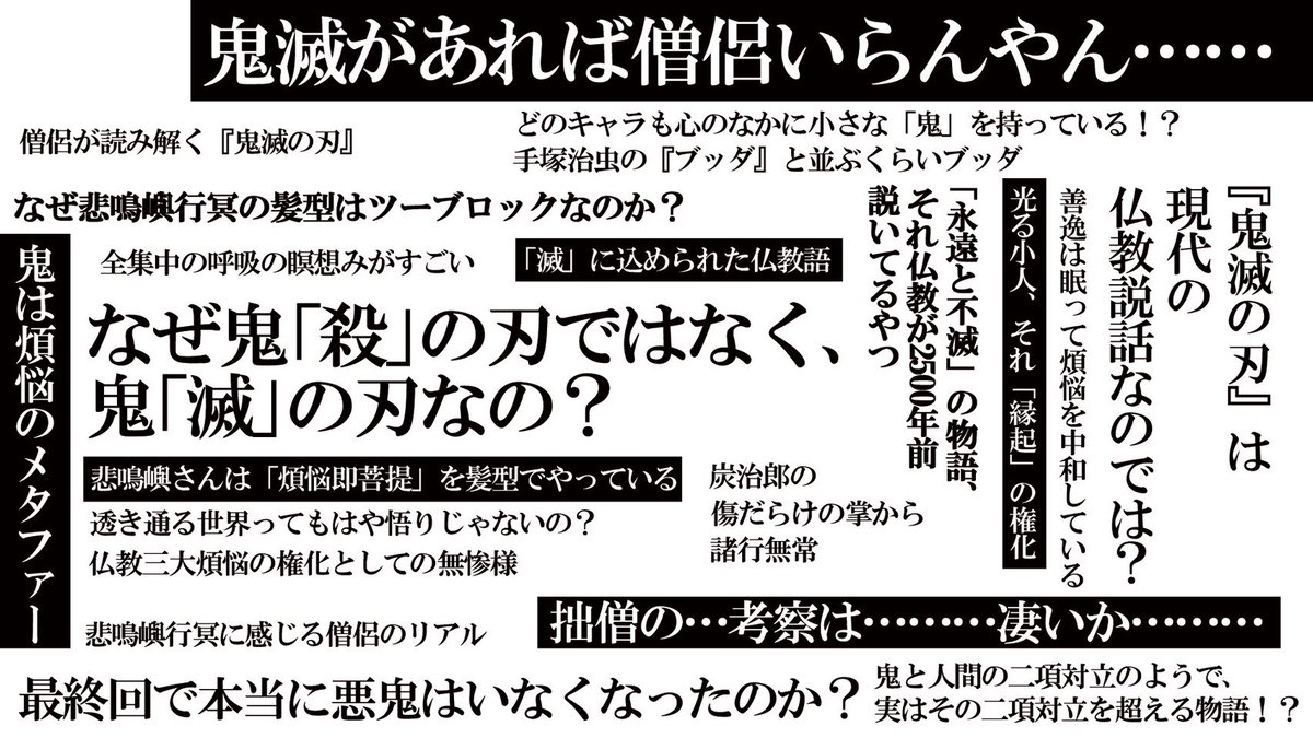 稲田ズイキ S Tweet いや 嬉しいことに 鬼滅を仏教で読み解く連載 担当編集さんが集大成としてすごい画像を作ってくれました 書いた本人が言うのもあれやけど 何を言っているんこの人 とならざるを得ない 訳分からん熱量の連載です 最終回としてこれまでの 稲田ズイキ S Tweet いや 嬉しいことに 鬼滅を仏教で読み解く連載 担当編集さんが集大成としてすごい画像を作ってくれました 書いた本人が言うのもあれやけど 何を言っているんこの人 とならざるを得ない 訳分からん熱量の連載です 最終回としてこれまでの