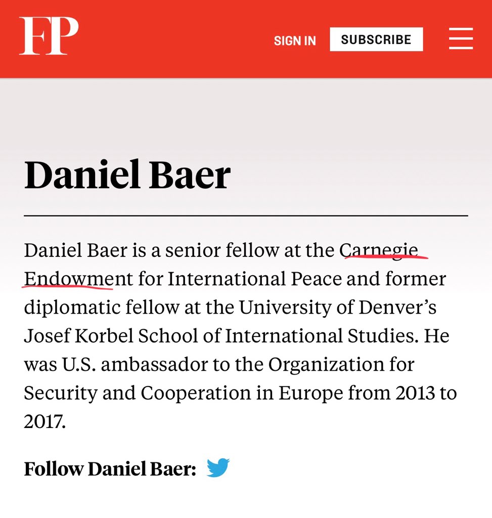 Daniel Baer, former US ambassador, senior fellow at Carnegie Endowment which has joint project with Tsinghua U - designated "Very High Risk" for its high-level defense research with the PLA & cyber attacks against the US.Canergie Endowment had received millions $ from China