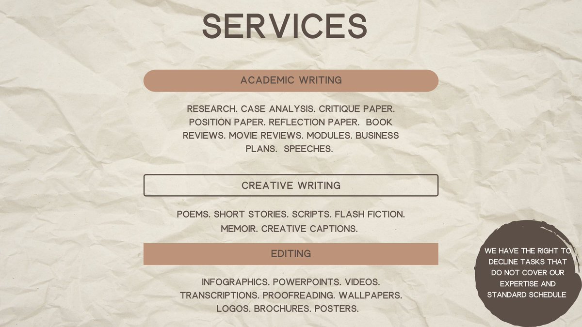 commsbyjurisws's tweet image. ••> Ciao! I’m Bookterfly,
I offer academic services with
quality contents. If you happen
to be struggling keeping up with
school works, I can help you.
~• Service Categories •~
🍂 | academic writing
🍂 | creative writing
🍂 | editing & layout
📝DMs are always open