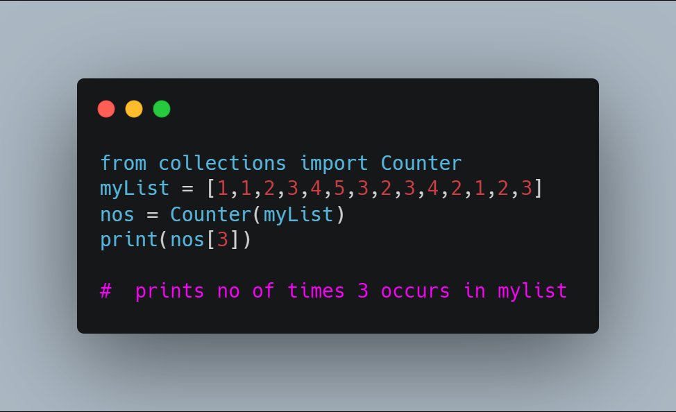 load_thecode's tweet image. Find the number of times an element has been repeated in a list using #Python3
Have a great day!

#100daysofcode
#100daysofcodechallenge #Python
#DEVCommunity #Developer
#pythonlearning #Coding
#pythondeveloper #datastructure
#programmers #pythonprogramming