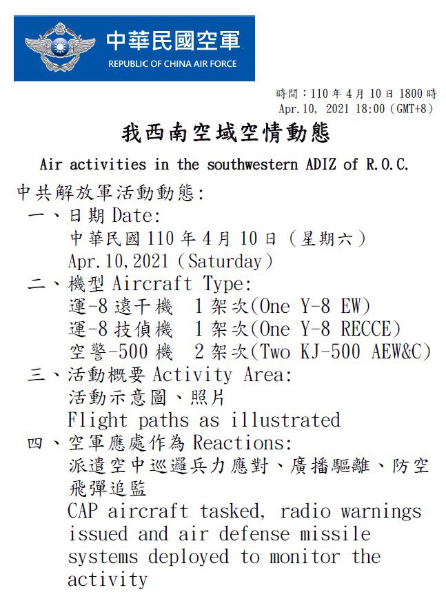 4 PLA aircraft (Y-8 EW, Y-8 RECCE and KJ-500 AEW&C*2 ) entered #Taiwan ...