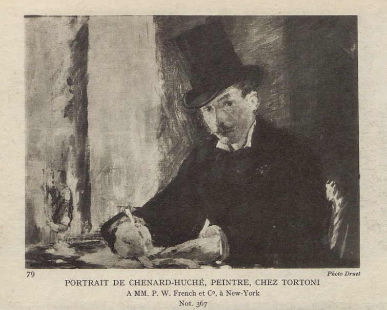 In a catalogue raisonné of Manet's work published in 1932 by Paul Jamot and Georges Wildenstein, they identified the man in the painting, bought by Isabella Stewart Gardner in 1922 for $3,400, as the artist Georges Chenard-Huché, at Chez Tortoni.