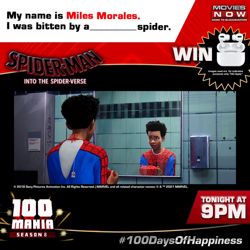 Large, tiny, or a man--what is it?Guess we wouldn't know till we tune into #100ManiaS8 at 9 PM tonight. If you know the answer, the comment section is all yours! Don't forget to watch 'Spider-Man: Into the Spider-Verse' and win an exciting prize too! 

#100DaysOfHappiness https://t.co/QmlDtUO0Fz