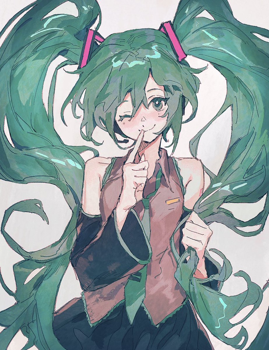 hatsune miku 1girl solo long hair one eye closed twintails necktie smile  illustration images