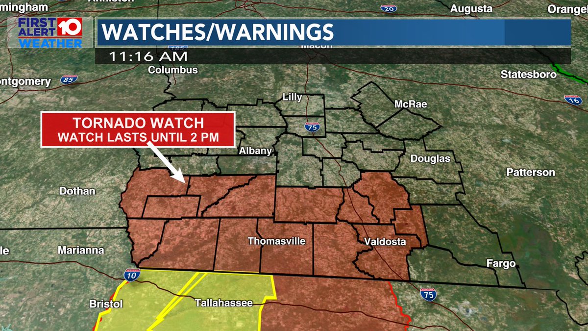 TORNADO WATCH: A tornado watch has been issued for parts of South Georgia. This watch will last until 2 PM as a squall line pushes through the region this late morning and early afternoon. Have multiple ways of getting alerts.