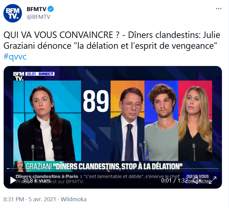 D'ailleurs, le lendemain,  @grazianijulie, elle aussi éditorialiste sur BFMTV, dénonçait la “délation”, dépeignant ainsi les potentiels hors-la-loi en victimes. Quelques semaines plus tôt, elle était pourtant beaucoup moins tendre envers les contrevenants aux règles.