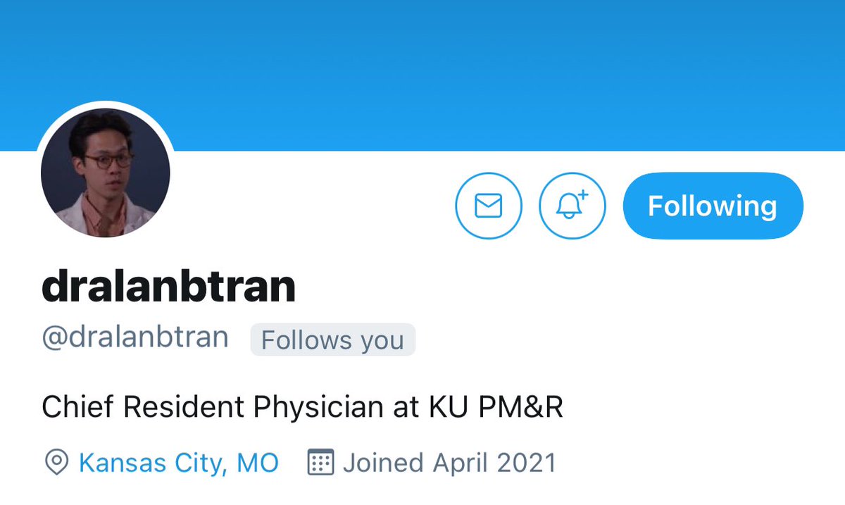 Welcome to #Physiatry Twitter our next Academic Chief <a href="/KU_PMR/">KU PM&R</a> Dr. Tran! Give him a follow 👉🏻 @dralanbtran 👈🏻 #KUMC #Kansas <a href="/AAPhysiatrists/">Assoc. of Academic Physiatrists (AAP)</a> <a href="/AAPhysiatry_RFC/">AAP Resident Fellow Council PM&R</a> <a href="/AAPhysiatry_MSC/">AAP Medical Student Council PM&R</a> <a href="/AAPMR/">AAPM&R News</a> <a href="/physiatrynow/">PhysiatryNow</a> <a href="/PmrScholars/">PM&R Scholars</a>