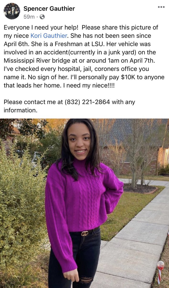 elevatewith_ak's tweet photo. MISSING LSU STUDENT: $10,000 Reward- PLEASE SHARE
19 year old Kori Gauthier is missing. Kori is a LSU Student in Baton Rouge. Her phone and wallet were located in her car that was left abandoned on the road at which time an oncoming car hit. #LSU24 #MissingPerson #FindKori https://t.co/J8gqUKQIW7