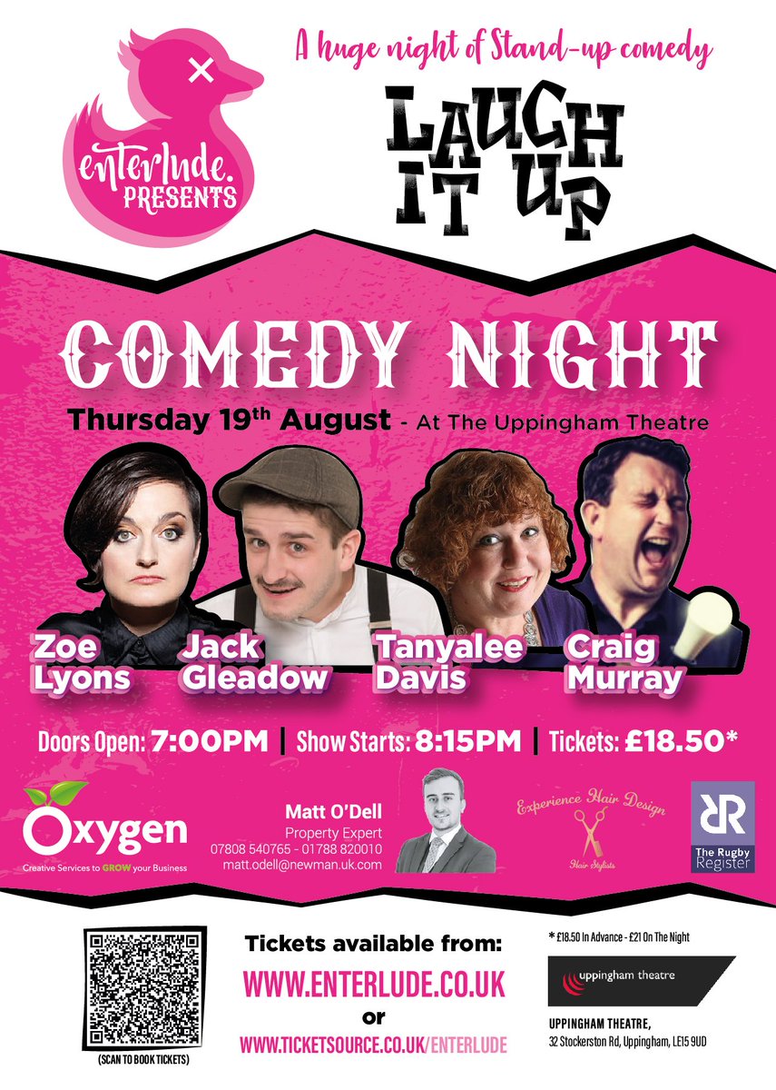Enterlude_UK's tweet photo. COMEDY IS BACK IN RUTLAND THIS SUMMER!
'LAUGH IT UP' - IN UPPINGHAM HEADLINED BY @zoelyons & @JackGleadow
@thecraigmurray
Thurs August 19th - Uppingham Theatre - Get Tickets NOW!
https://t.co/NLR35VEVZb or
https://t.co/vmT2WcqBXp
#uppingham #enterlude #rutland #rutlandliving https://t.co/laPIvblUk4